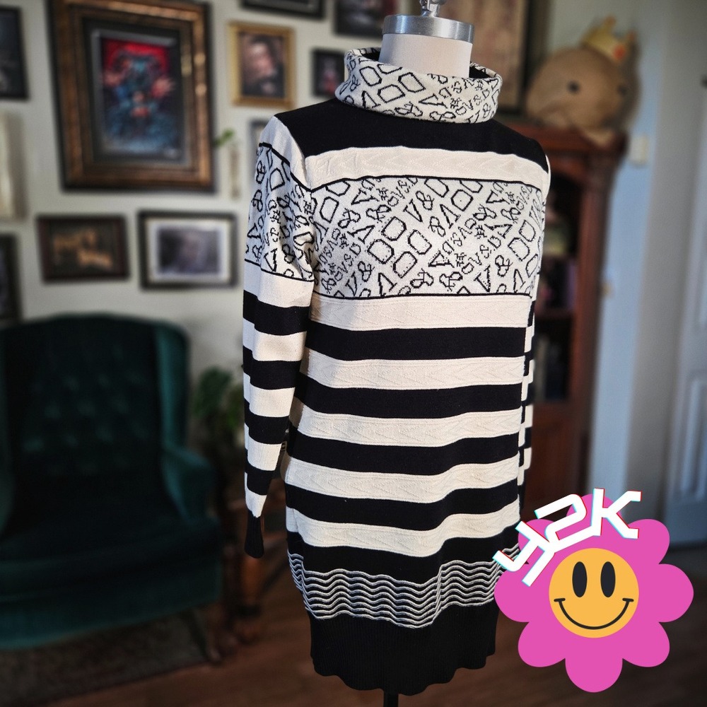 Japanese Brand Sweater Dress Vintage Y2K Striped Graphic‎ Knit Black White M L